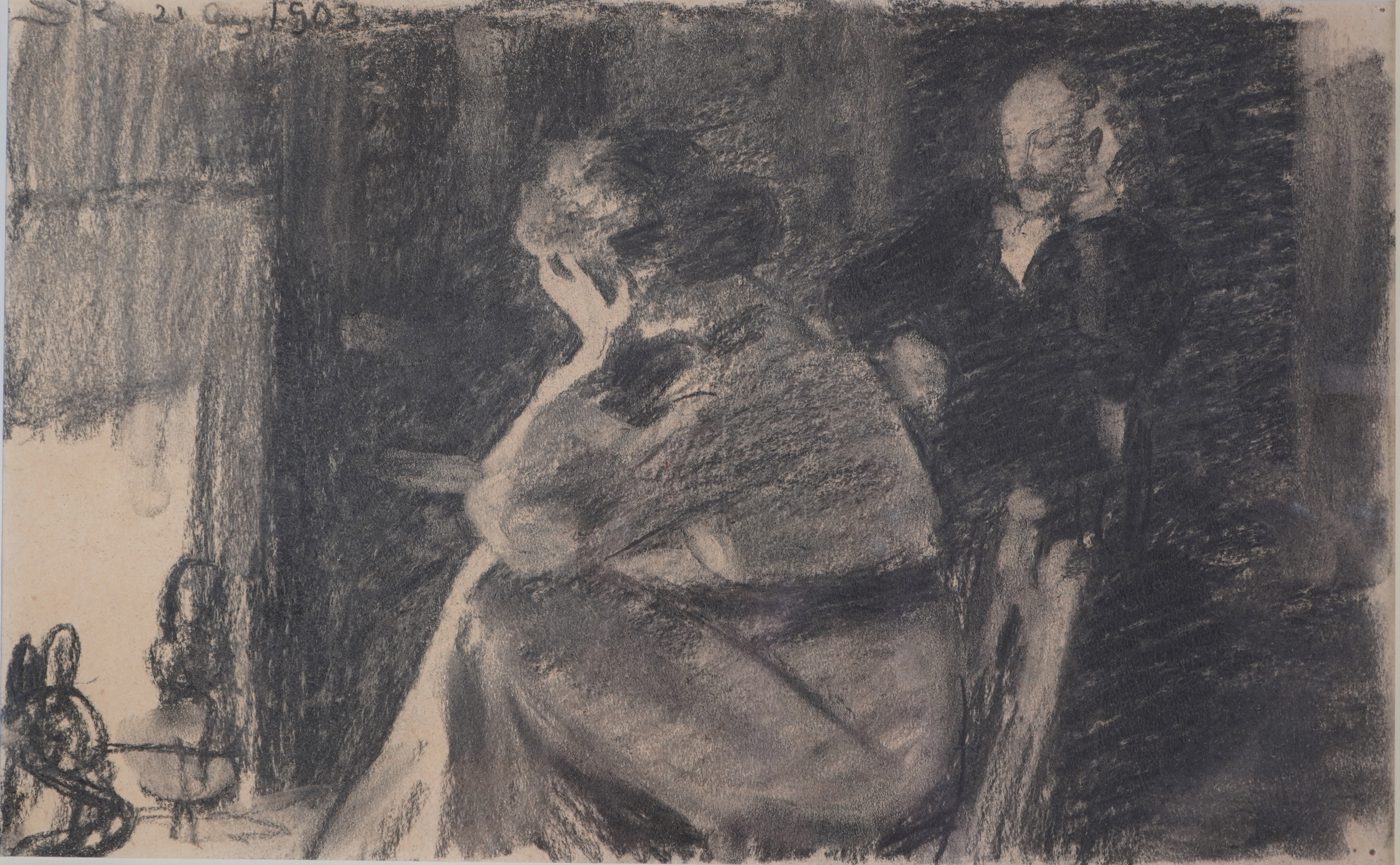 Christian Krøhg, Norwegian 1852–1925, Two figures beside a fireplace in an interior